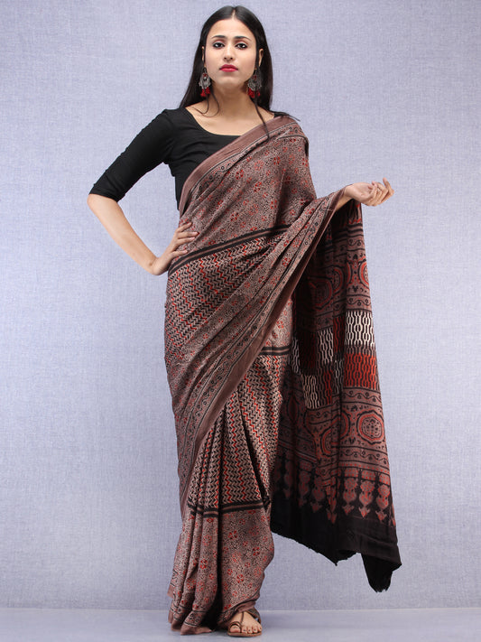 Kashish Beige Black Ajrakh Hand Block Printed Modal Silk Saree - S031704450