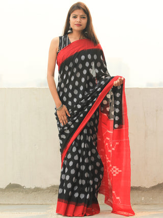 Black Grey Red Ikat Handwoven Cotton Saree - S031704105