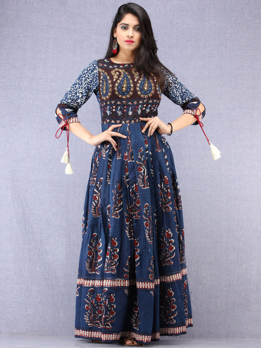 Naaz Tirana - Hand Block Mughal Printed Long Cotton Embroidered Dress - DS104F001