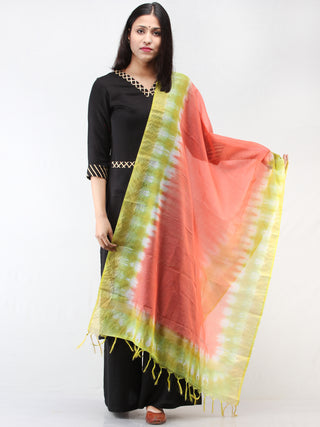Kota Doria Tie & Die Dupatta  With Zari Border - Coral & Green - D04170899