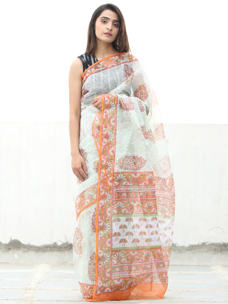 White Orange Green Hand Block Printed Kota Doria Saree  - S031704114