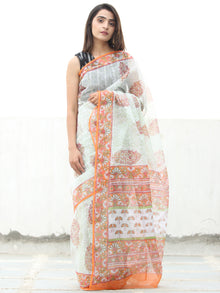 White Orange Green Hand Block Printed Kota Doria Saree  - S031704114