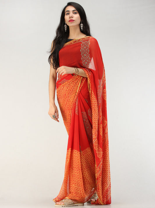 Red Yellow Hand Block Printed Chiffon Saree with Zari Border - S031704559
