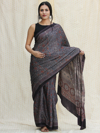 Indigo Charcoal Black Red Ajrakh Hand Block Printed Modal Silk Saree - S031704122