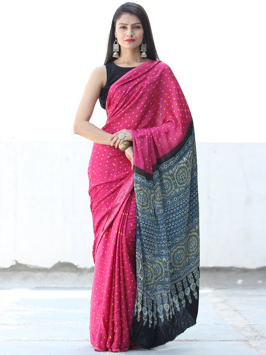 Pink Yellow Black Indigo Bandhej Modal Silk Saree With Ajrakh Printed Pallu & Blouse - S031703878