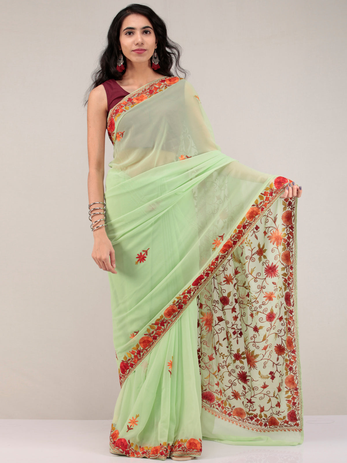 Light Green Aari Embroidered Georgette Saree From Kashmir - S031704630