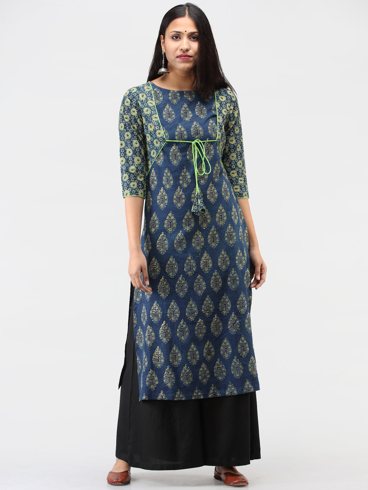 Indigo Green Ajrakh Hand Block Printed Cotton Kurta  - K211F1516