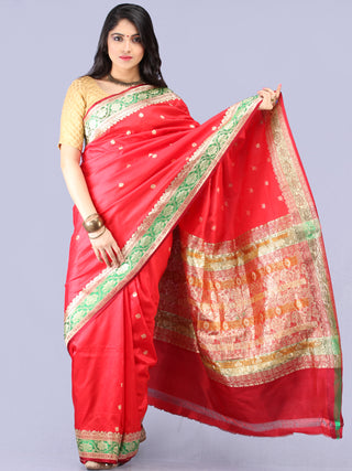 Banarasee Katan Silk Handloom Saree With Zari Work  - Red Green & Gold - S031704295