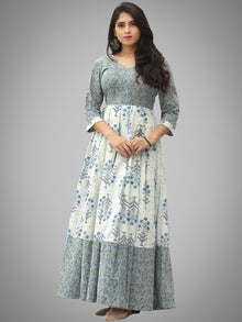 Saima - Grey Ivory Blue Block Printed Box Pleated Long Dress - D398F2042