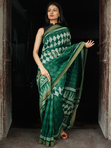 Green White Chanderi Silk Hand Block Printed Saree With Geecha Border - S031703987