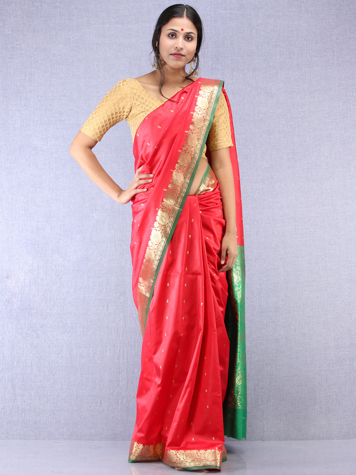 Banarasee Art Silk Saree With Zari Work - Red Green Gold- S031704362
