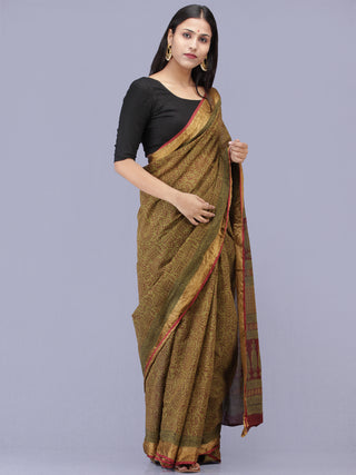 Olive Green Maroon Black Bagh Printed Maheshwari Cotton Saree - S031704173