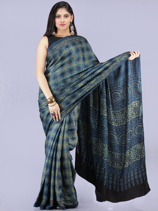 Indigo Olive Green Black Ajrakh Hand Block Printed Modal Silk Saree - S031704234