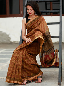 Brown Maroon Black Bagh Hand Block Printed Maheswari Silk Saree - S031703824