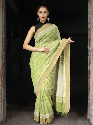 Light Green Ivory Chanderi Silk Hand Block Printed Saree With Geecha Border - S031704006