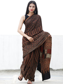 Coffee Brown Black Red Ivory Ajrakh Hand Block Printed Modal Silk Saree in Natural Colors - S031703701