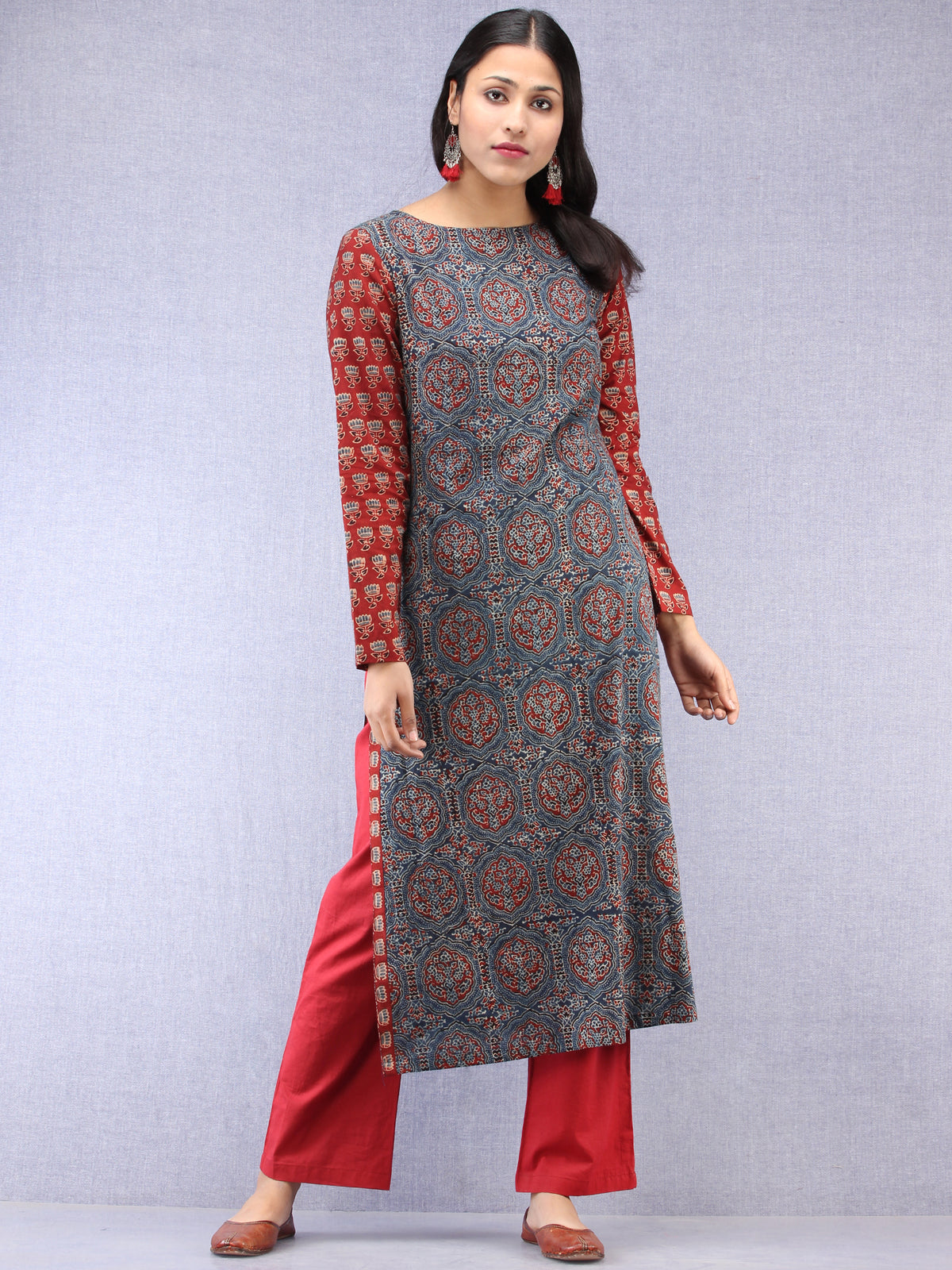 Indigo Red Ajrakh Hand Block Printed Straight Kurta  - K73BPA143