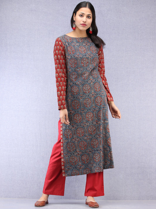 Indigo Red Ajrakh Hand Block Printed Straight Kurta  - K73BPA143