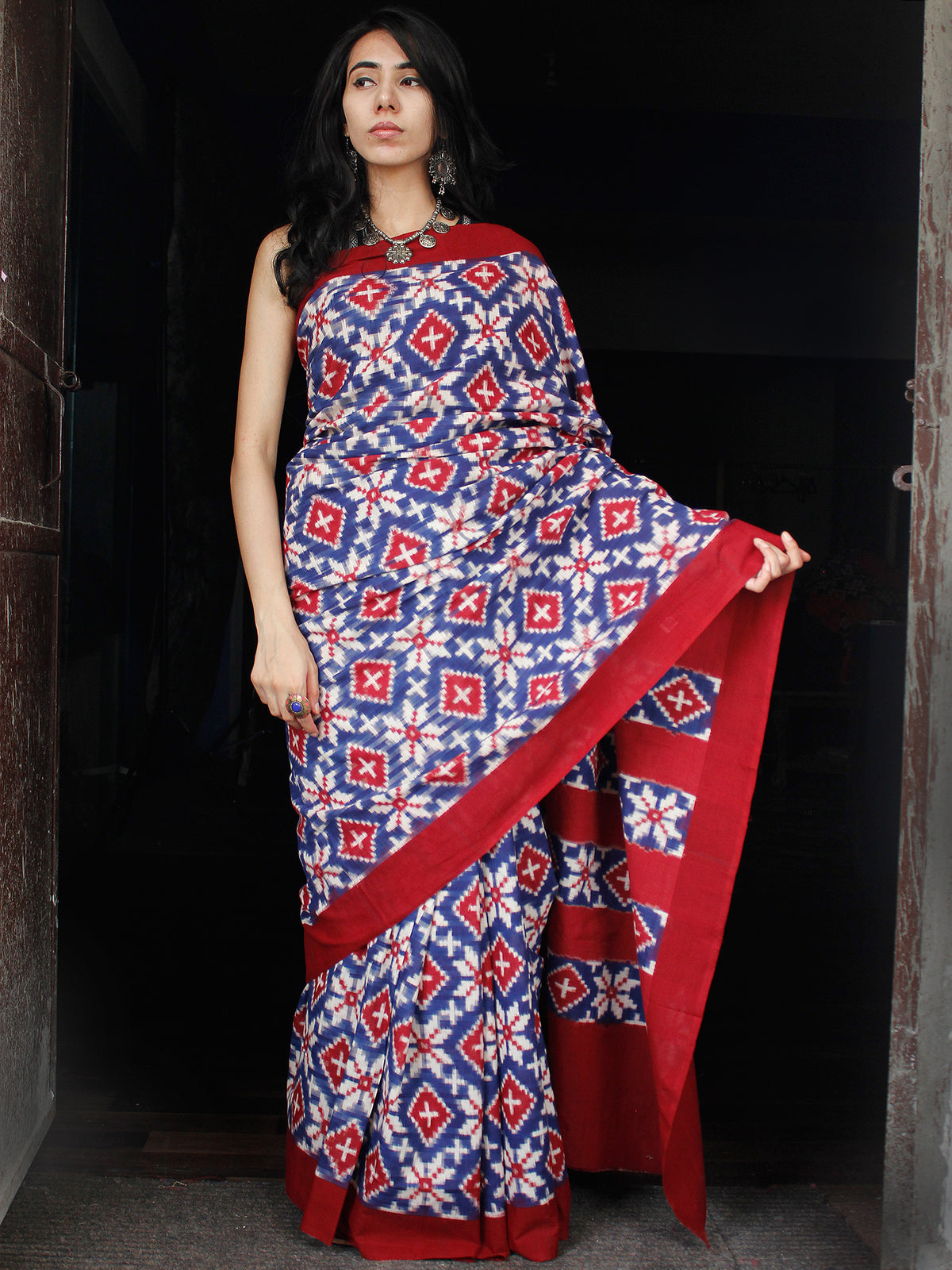 Blue Black Red White Telia Rumal Double Ikat Handwoven Pochampally