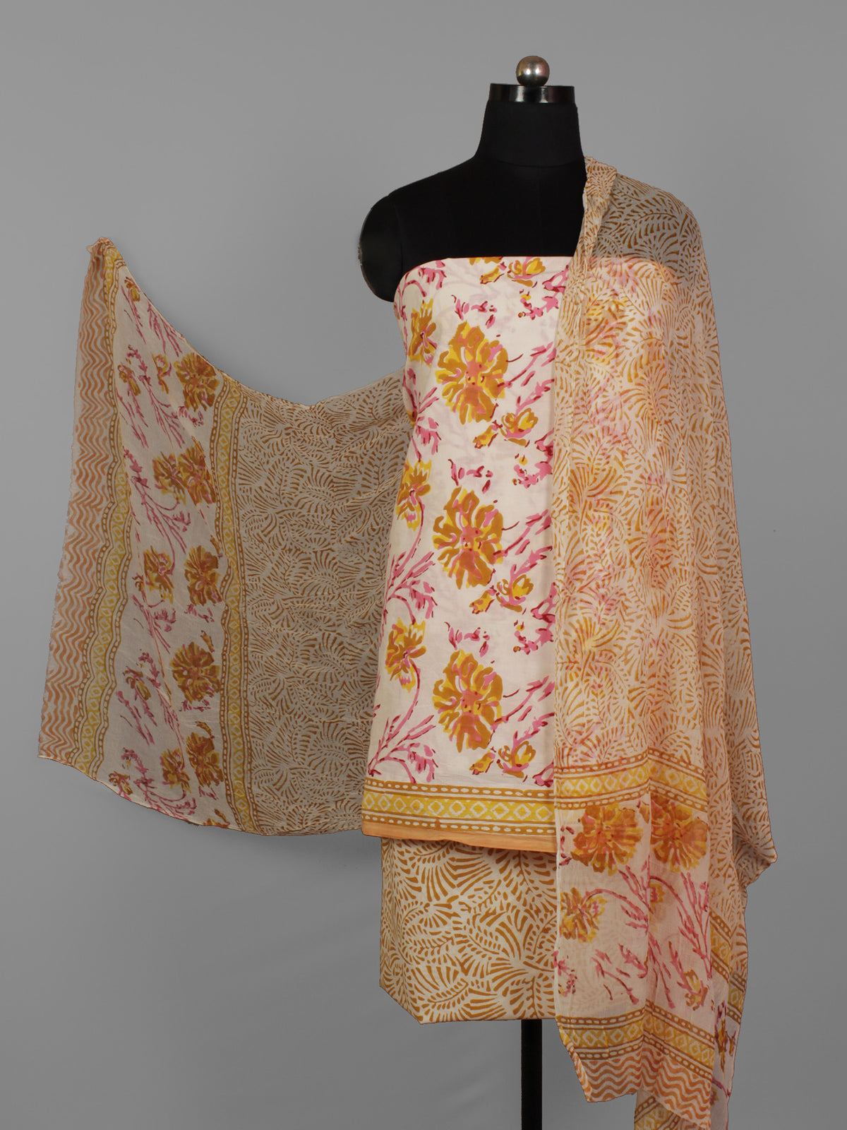 Ivory Yellow Pink Hand Block Printed Cotton Suit-Salwar Fabric With Chiffon Dupatta (Set of 3) - S16281284