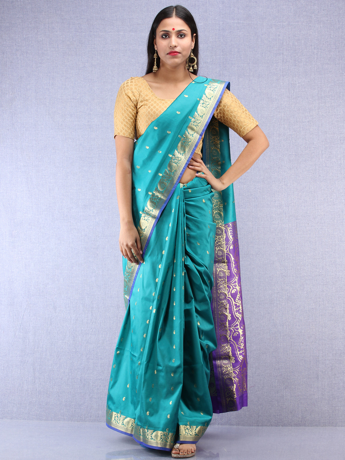 Banarasee Art Silk Saree With Zari Work - Green Purple & Gold - S031704407