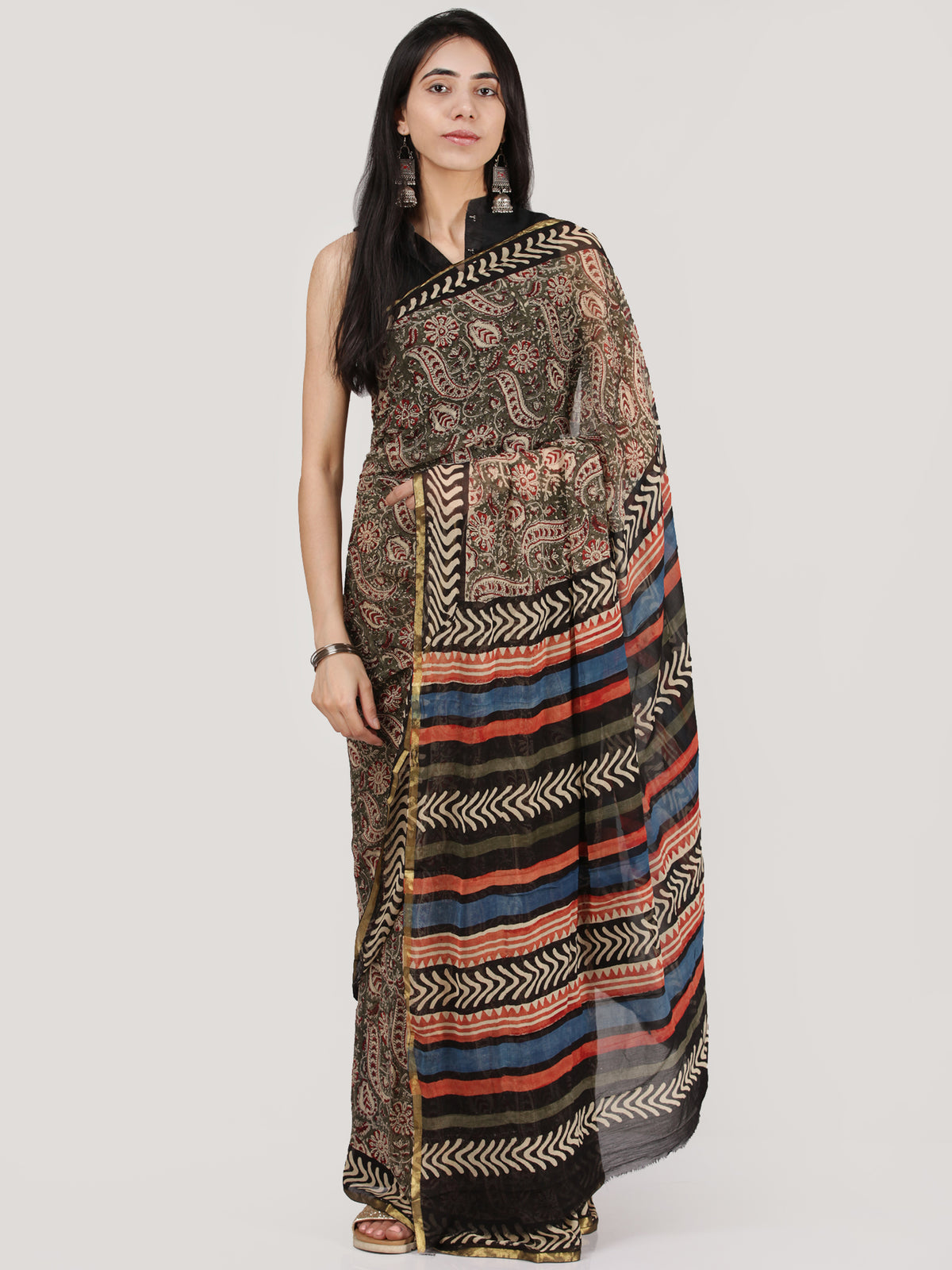 Beige Red Black Hand Block Printed Chiffon Saree With Zari Border - S031704689