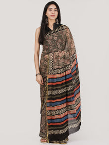 Beige Red Black Hand Block Printed Chiffon Saree With Zari Border - S031704689