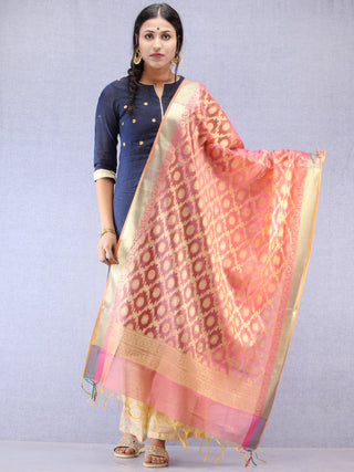 Banarasi Chanderi Dupatta With Resham Work - Pink & Gold - D04170797