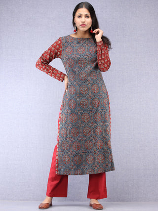 Indigo Red Ajrakh Hand Block Printed Straight Kurta  - K73BPA143