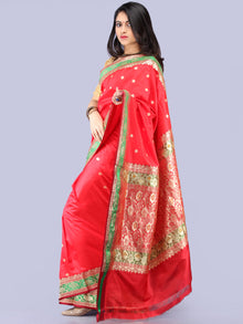 Banarasee Katan Silk Handloom Saree With Zari Work  - Red Green & Gold - S031704295