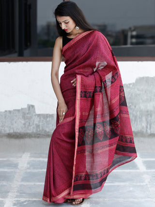 Pink Black Bagh Hand Block Printed Maheswari Silk Saree With Resham Border - S031703833