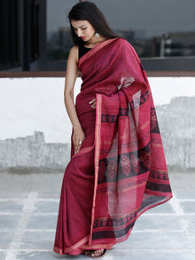 Pink Black Bagh Hand Block Printed Maheswari Silk Saree With Resham Border - S031703833