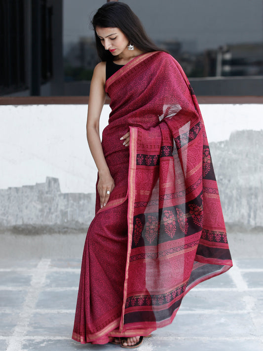 Pink Black Bagh Hand Block Printed Maheswari Silk Saree With Resham Border - S031703833