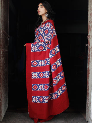 Blue Black Red White Telia Rumal Double Ikat Handwoven Pochampally Mercerized Cotton Saree - S031703517