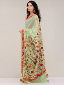 Light Green Aari Embroidered Georgette Saree From Kashmir - S031704630