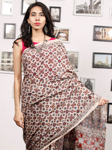 Beige Red Indigo Mughal Nakashi Ajrakh Hand Block Printed  Cotton Mul Saree - S031704068