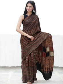 Coffee Brown Black Red Ivory Ajrakh Hand Block Printed Modal Silk Saree in Natural Colors - S031703701