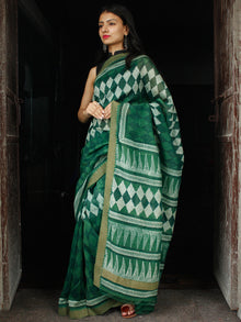 Green White Chanderi Silk Hand Block Printed Saree With Geecha Border - S031703987