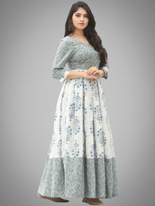 Saima - Grey Ivory Blue Block Printed Box Pleated Long Dress - D398F2042