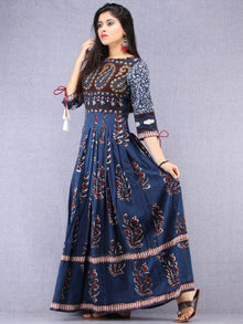 Naaz Tirana - Hand Block Mughal Printed Long Cotton Embroidered Dress - DS104F001