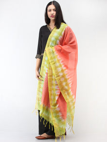 Kota Doria Tie & Die Dupatta  With Zari Border - Coral & Green - D04170899