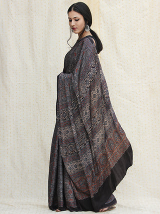 Indigo Charcoal Black Red Ajrakh Hand Block Printed Modal Silk Saree - S031704122
