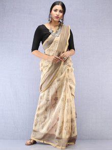 Kashish Ivory Hand Block Printed Maheshwari Silk Saree With Zari Border - S031704486