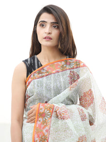 White Orange Green Hand Block Printed Kota Doria Saree  - S031704114