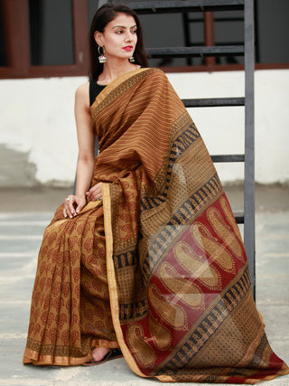 Brown Maroon Black Bagh Hand Block Printed Maheswari Silk Saree - S031703824