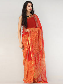 Red Yellow Hand Block Printed Chiffon Saree with Zari Border - S031704559