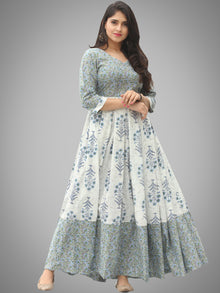 Saima - Grey Ivory Blue Block Printed Box Pleated Long Dress - D398F2042
