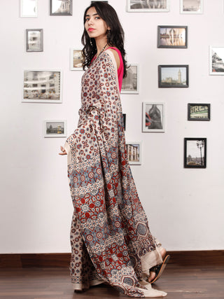 Beige Red Indigo Mughal Nakashi Ajrakh Hand Block Printed  Cotton Mul Saree - S031704068