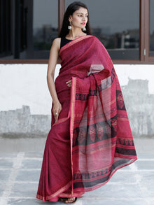 Pink Black Bagh Hand Block Printed Maheswari Silk Saree With Resham Border - S031703833