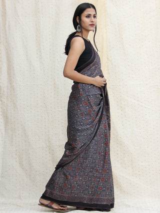 Indigo Charcoal Black Red Ajrakh Hand Block Printed Modal Silk Saree - S031704122